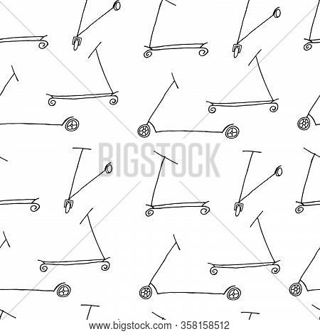 Seamless Pattern Scooter Background, Simple Design. Doodle Scooter. Vector Hand Drawn Illustration
