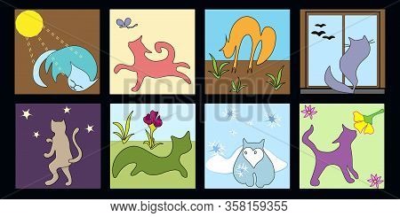 Set Of Cute Funny Cats In The Plots