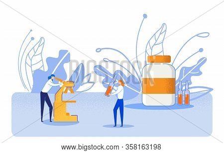 Young Pharmacists Work In Chemistry Laboratory. Redhaired Girl Assistant Holds Ampoule With Medicine