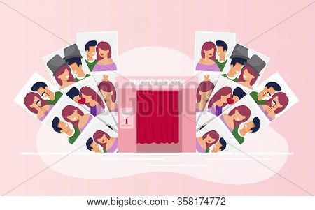 Variety Photos With Happy Couples From Booth Cabin. Kissing And Hugging Smiling Man And Woman In Lov