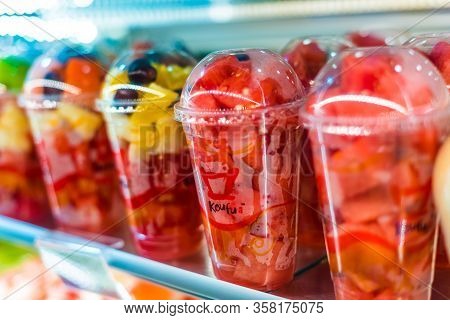 Singapore - Mar 3, 2020: Pre-packaged Fruits Put Up For Sale In A Commercial Refrigerator