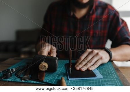 Man Hands On The Table With The Instruments For Leather Craft With The Space For Your Text