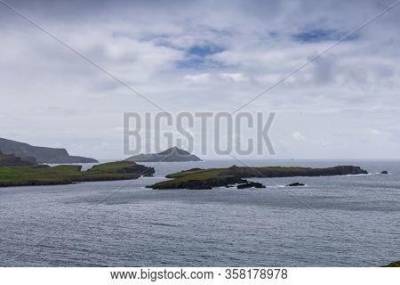 Beautiful Aerial View Of Valentia Island. Scenic Irish Countyside On A Dull Spring Day, County Kerry