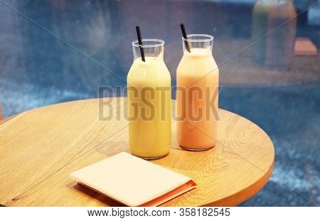 Smoothie With A Metal Tube, Coffee Raff With Cherry And Mint