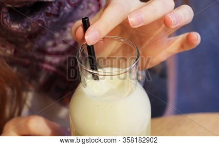 Smoothie With A Metal Tube, Coffee Raff With Cherry And Mint