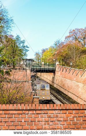 Budapest, Hungary - Nov 6, 2019: Cable Car, Public Funicular Train Leading To The Buda Castle On The