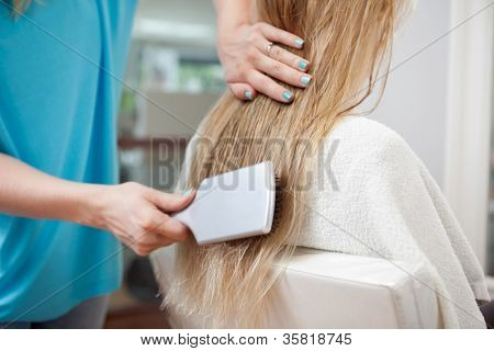 Kosmetička česání dlouhé blond vlasy ženské zákazníka s kartáčem v salónu
