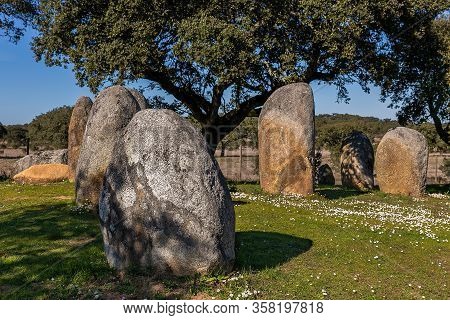 Vale Maria Do Meio Cromlech. Megalithic Stone Circle Located Near Evora In Portugal.