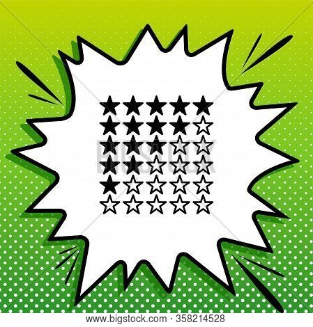 5 Star Rating Sign. Black Icon On White Popart Splash At Green Background With White Spots. Illustra