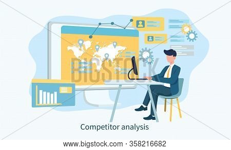 Illustrated Competitor Analysis Concept And Man On Laptop With Various Graphs And Measures. Vector I