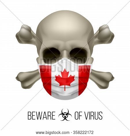 Human Skull With Crossbones And Surgical Mask In The Color Of National Flag Canada. Mask In Form Of 