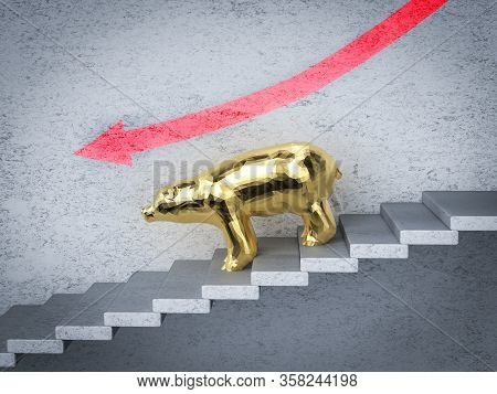 Bear Stock Market Concept With 3d Rendering Bear Walk Down Stairs With Red Arrow Head Down