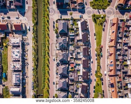Top View Of House Village From Drone Capture In The Air House Is Brown Roof Top Urk Netherlands Flev