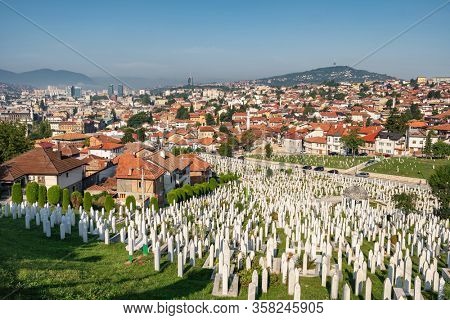 Sarajevo, BiH - August 28, 2019: Sarajevo skyline day view at summer in Bosnia and Herzegovina. Panorama of Sarajevo.