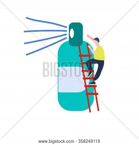 Man Climbing A Giant Spray Sanitizer. Vector Illustration In Abstract Flat Style. Antiseptic Adverti