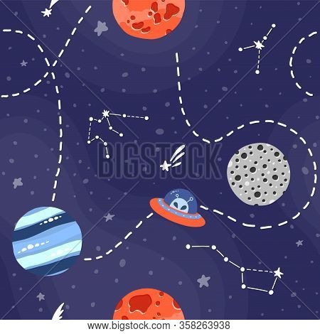 Galaxy Seamless Pattern Design. Bright Childish Tile. Alien Spaceship Travel. Cute Design For Kids F