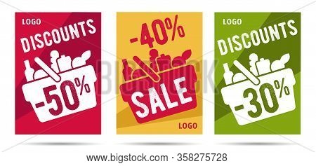 Set Of Posters For Grocery Store With Market Shopping Basket Pictogram Full Of Meal And Food, Simple