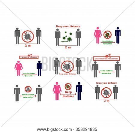 Big Vector Set Of Flat Icons Social Distance During Quarantine, Prevention From Coronaviurs