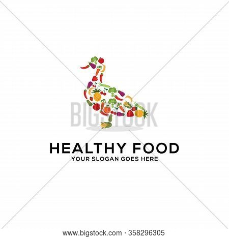 Healthy Food Logo Design Vector, Fresh Fruits And Vegetables Drawing Duck Abstract Illustration