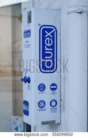 Bordeaux , Aquitaine / France - 02 15 2020 : Durex Condoms Automat On Street Wall