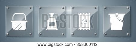 Set Bucket, A Pack Full Of Seeds Of A Specific Plant, Bag Of Flour And Shopping Basket. Square Glass