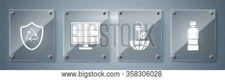 Set Bottle Of Water, Electric Saving Plug In Leaf, Solar Energy Panel And Recycle Symbol Inside Shie
