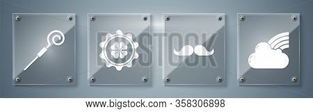 Set Rainbow With Cloud, Mustache, Bottle Cap With Four Leaf Clover And Walking Stick. Square Glass P