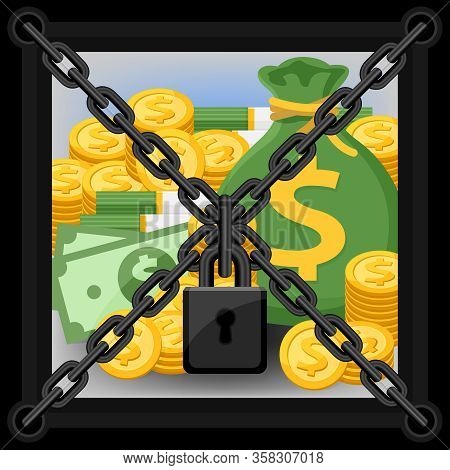Chain Padlock Lock And Box For Security Safe Money Concept, Iron Safe Box For Saving Money, Money Sa
