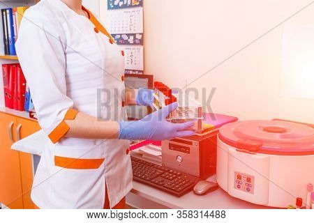 Rack Of Blood Tubes Test For Analysis In The Laboratory Of Hematology. Pneumonia Diagnosing. Covid-1