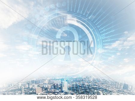 Global Cybersecurity Mixed Media With Virtual Locking Padlock On Cityscape Background. Data Cryptogr