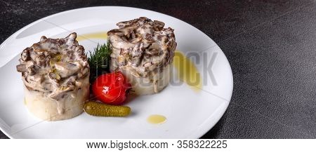 Delicious Beef Stroganoff With Soft Mashed Potatoes. Beef Stroganoff Served With Potato