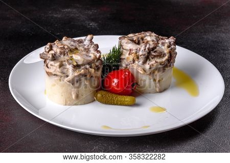 Delicious Beef Stroganoff With Soft Mashed Potatoes. Beef Stroganoff Served With Potato