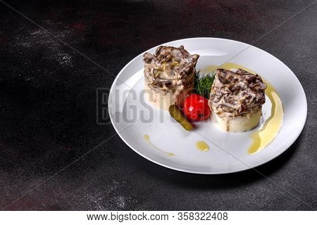 Delicious Beef Stroganoff With Soft Mashed Potatoes. Beef Stroganoff Served With Potato
