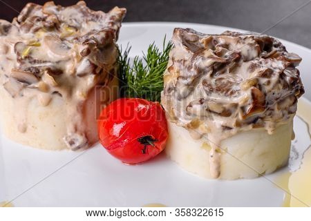 Delicious Beef Stroganoff With Soft Mashed Potatoes. Beef Stroganoff Served With Potato
