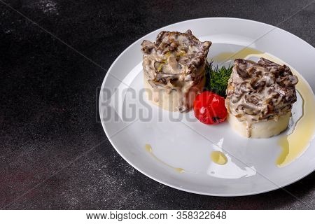 Delicious Beef Stroganoff With Soft Mashed Potatoes. Beef Stroganoff Served With Potato