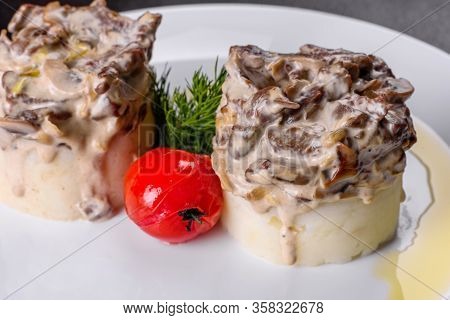 Delicious Beef Stroganoff With Soft Mashed Potatoes. Beef Stroganoff Served With Potato