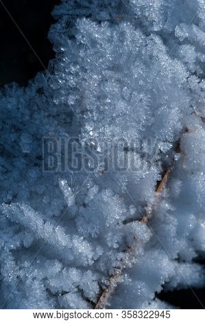 Close-up Of A Snow-covered Branch Covered With Large Ice Cubes In The Forest Under The Rays Of The B