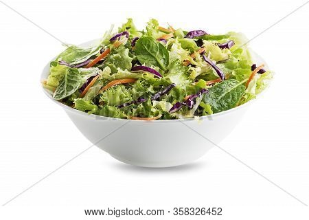Green Lettuce Salad With Fresh Mixed Vegetables Isolated On White Background