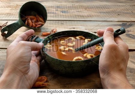 Red Tomato Soup With Shrimp. Dish With Tomatoes And Prawns.