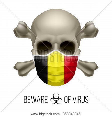 Human Skull With Crossbones And Surgical Mask In The Color Of National Flag Belgium. Mask In Form Of