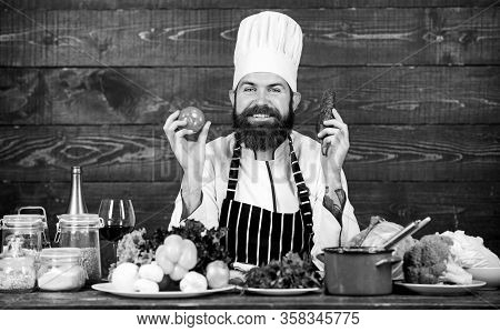 Say No To Unhealthy Food. Vitamin. Man Use Kitchenware. Professional Chef In Cook Uniform. Happy Man