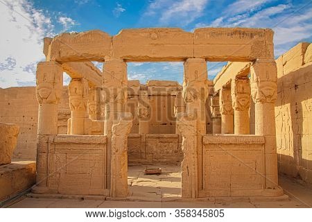The Ruins Of The Beautiful Ancient Temple Of Dendera Or Hathor Temple. Egypt, Dendera, An Ancient Eg