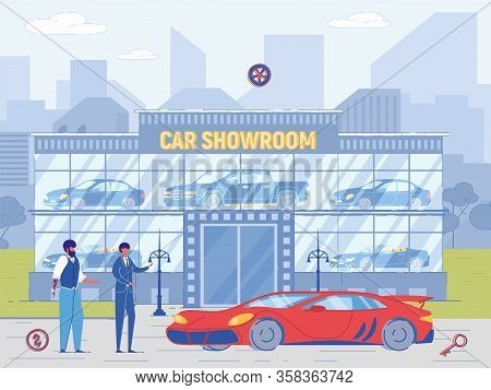 Dealer Sell Expensive Car To New Owner. Rich Man Purchase Luxurious Red Sports Car From Agent Salesm