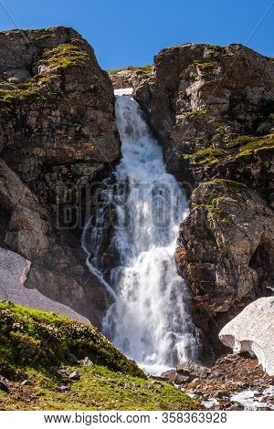 Beautiful Scenic Landscape Of Imeretinskiy Waterfall In Caucasus Mountains, Karachai-cherkess Republ