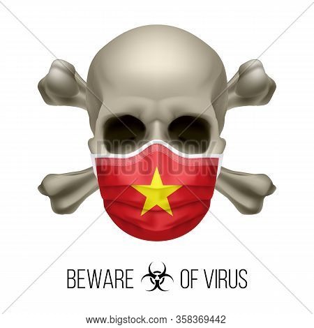 Human Skull With Crossbones And Surgical Mask In The Color Of National Flag Vietnam. Mask In Form Of