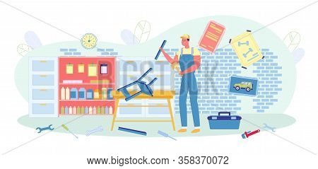 Man In Uniform Making Chair In Workshop Or Garage Flat Cartoon Vector Illustration. Repair Guy With 