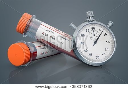 Rapid Test Coronavirus, Covid-19 Concept. Stopwatch And Test Tubes With Positive Blood Samples For C