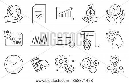 Set Of Education Icons, Such As Checked File, Safe Time. Diploma, Ideas, Save Planet. Income Money, 