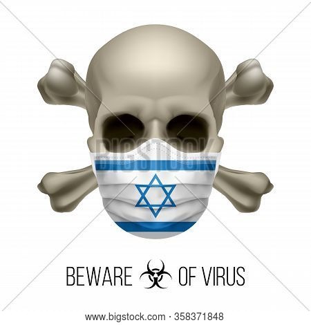 Human Skull With Crossbones And Surgical Mask In The Color Of National Flag Israel. Mask In Form Of 