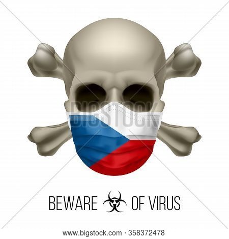 Human Skull With Crossbones And Surgical Mask In The Color Of National Flag Czech Republic. Mask In 